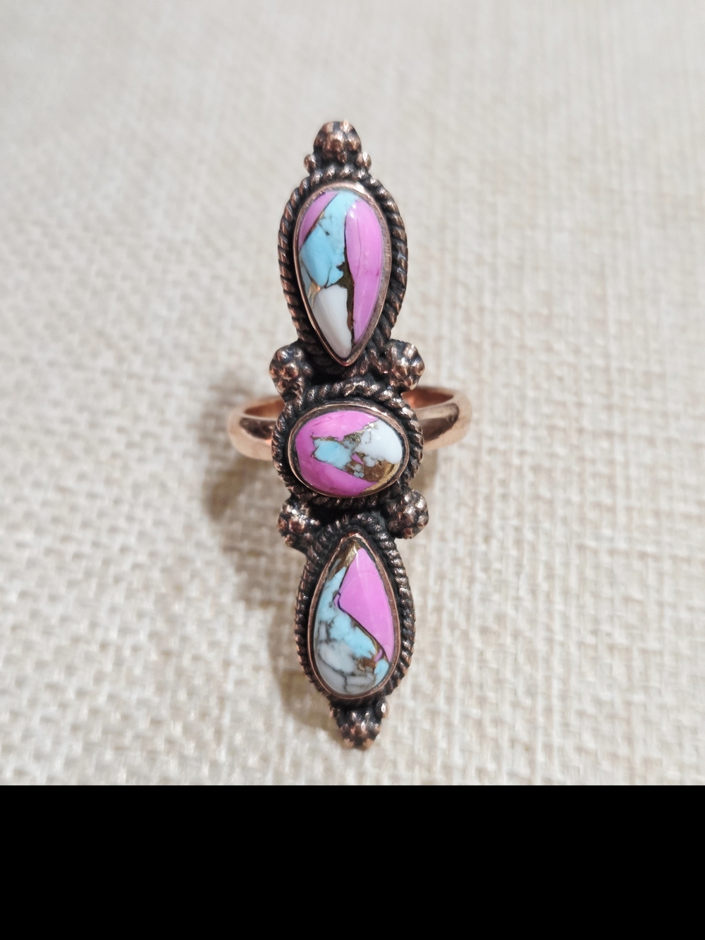 Handcrafted Cotton Candy Pink Turquoise Inlay Long Cocktail Ring - Women Jewelry
